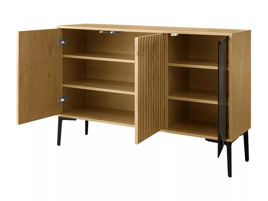 Buffet en MDF avec LED - 2 portes et 3 compartiments ouverts - Naturel