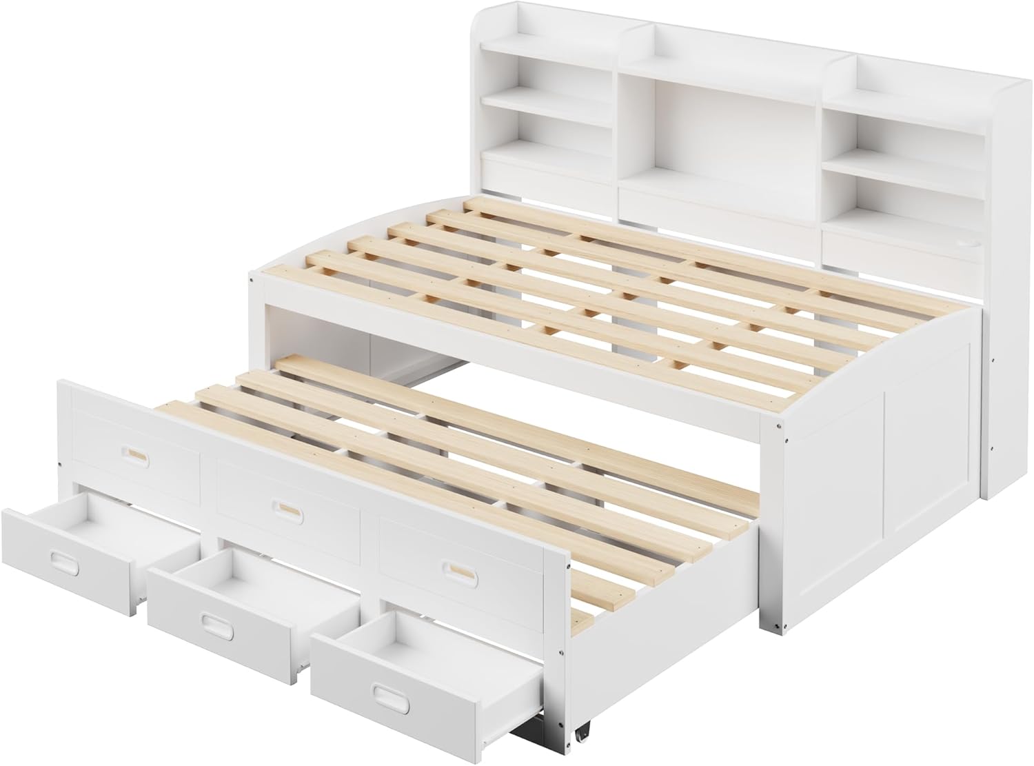 Tagesbett Schlafsofa 140x200 cm,Holz Multifunktionsbett mit USB-Steckdose, LED-Licht,Regal und 3 schubladen,Ausziehbares Schlafsofa,Doppelbett,Massivholzbett,Ohne matratze,Weiß (140×200cm)