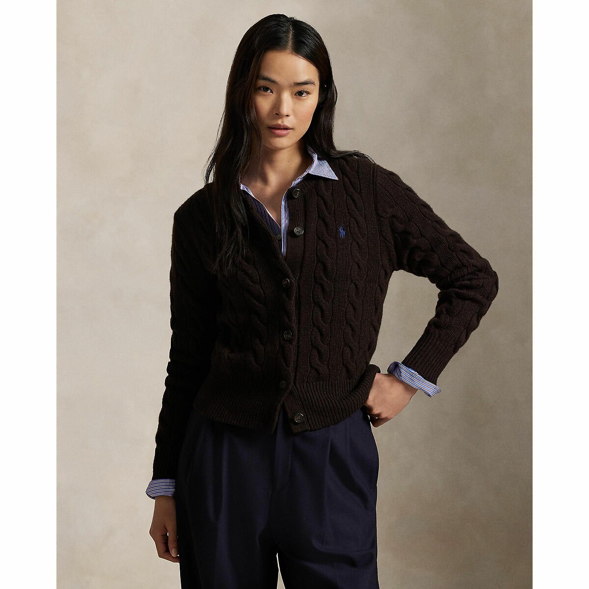 POLO RALPH LAUREN<br>Cardigã de malha trançada em lã e cashmere
