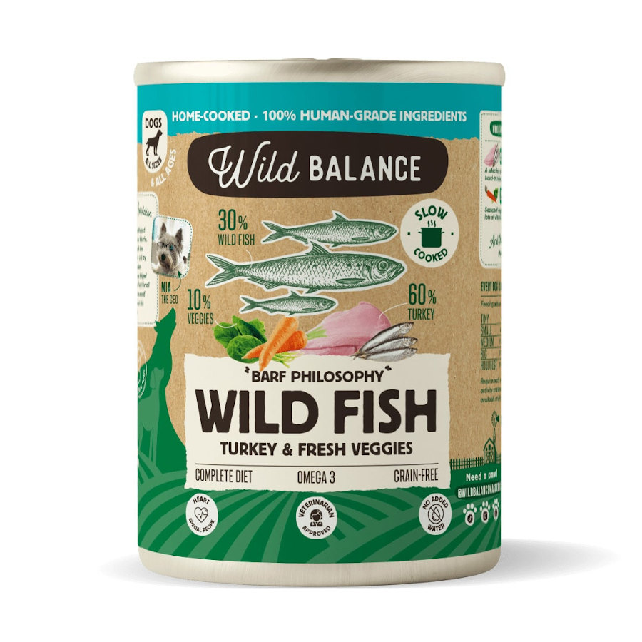 Lata de 400g de ração Wild Balance BARF com peixe e peru para cães.