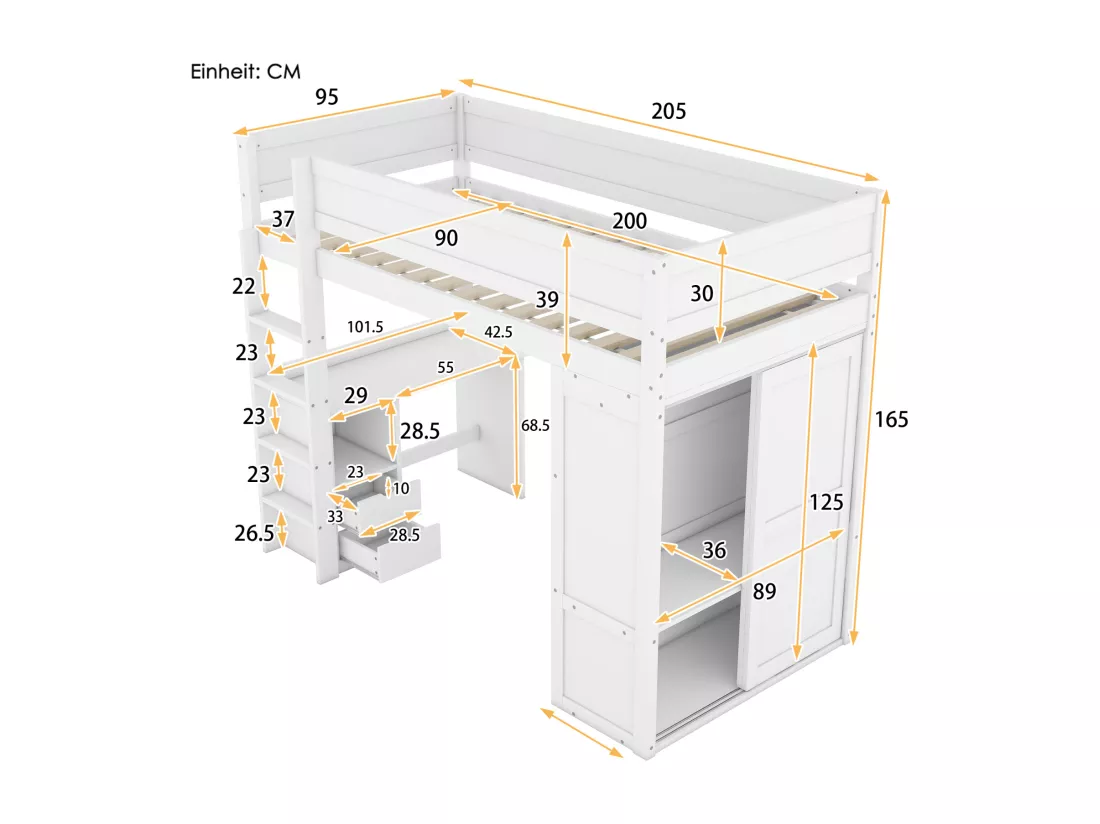 Lit mezzanine 90x200cm, lit enfant polyvalent, équipé d'armoire, bureau et tiroirs, échelle, sommier à lattes, pin, blanc