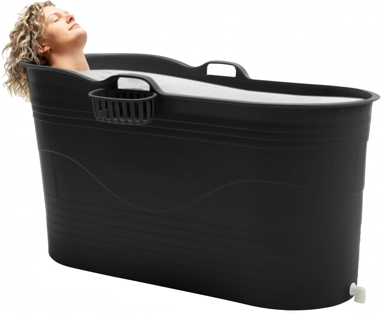 HelloBath® Mobile Badewanne XL 121x56x64 cm für Erwachsene | Tragbare Sitzbadewanne mit verlängerbarem Ablaufschlauch (3 m) & Wasserhahn | Badewanne für Dusche & Outdoor | Schwarz