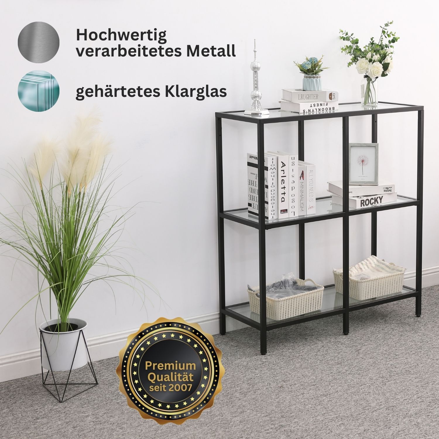 Mein-Regal Regal Glasgow 90x35x100cm aus Metall Glaseinlegeboden 2 Etagen schwarz