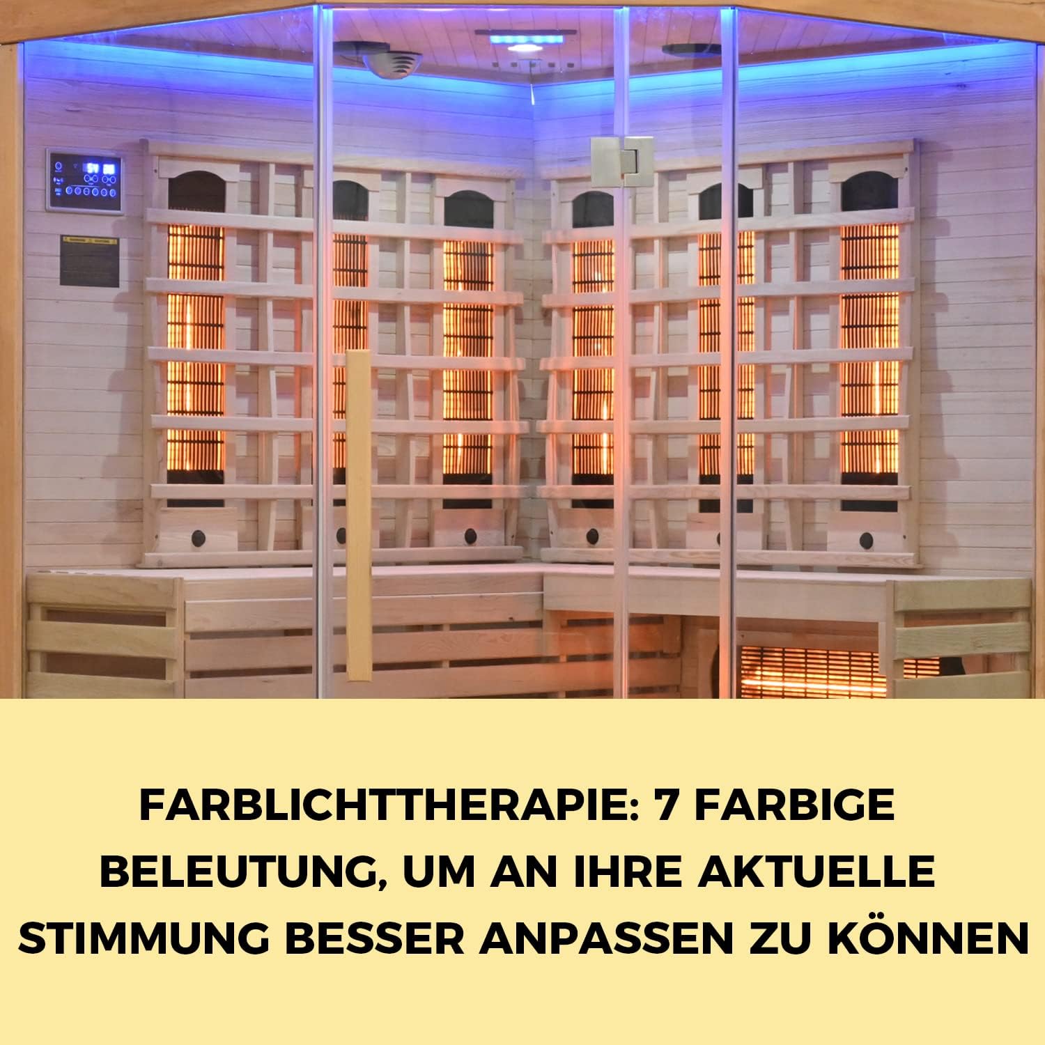 Elbe Infrarotkabine HYGGE für 3-5 Person aus Hemlockholz, 150x150x200 cm，8 Vollspektrumstrahler, 1 Carbonstrahler, Saunakabine mit Farblichtherapie, Ionisator und Audio System
