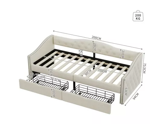 Lit banquette 90x200cm avec 2 tiroirs - tissu en lin - Blanc