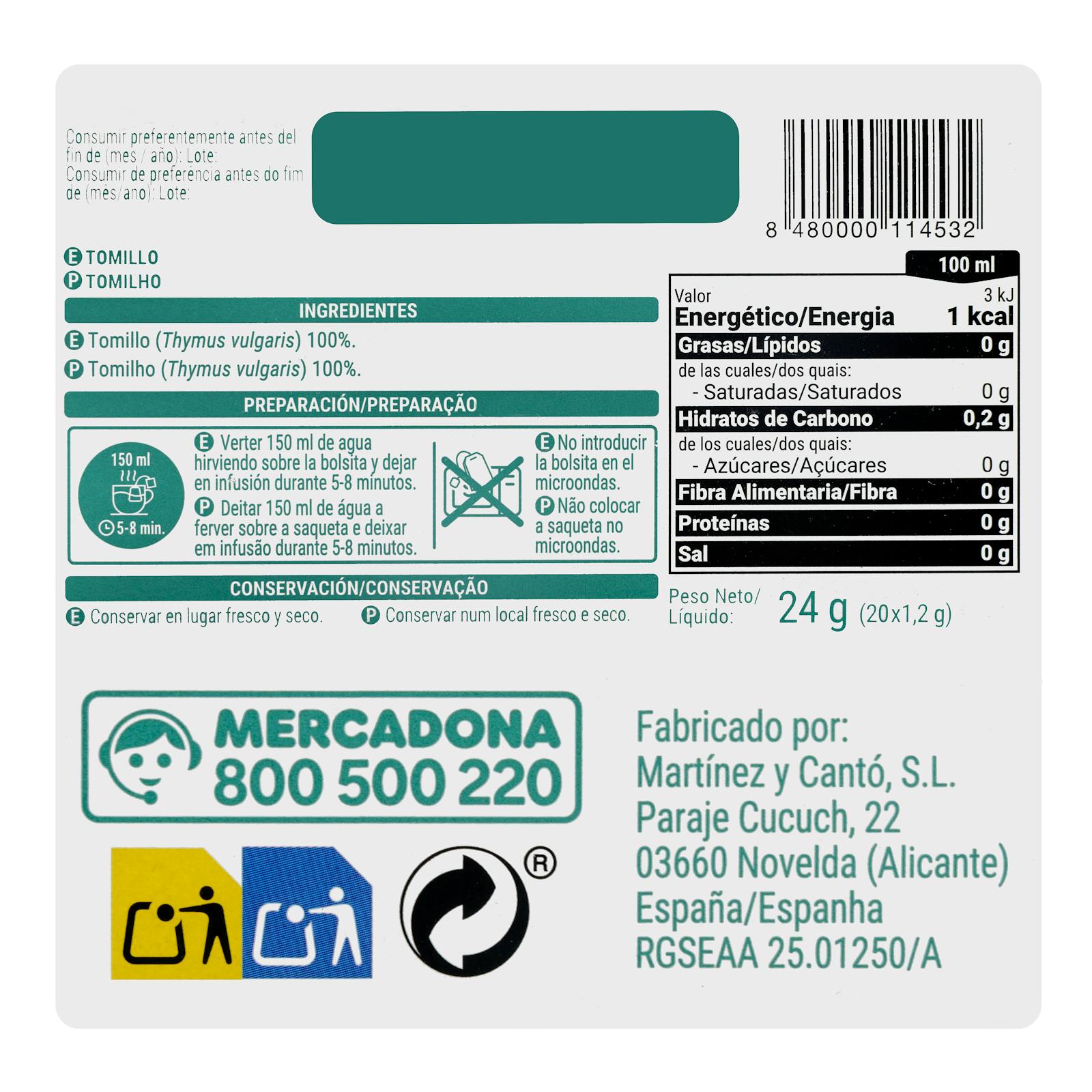 Infusion de thym Hacendado