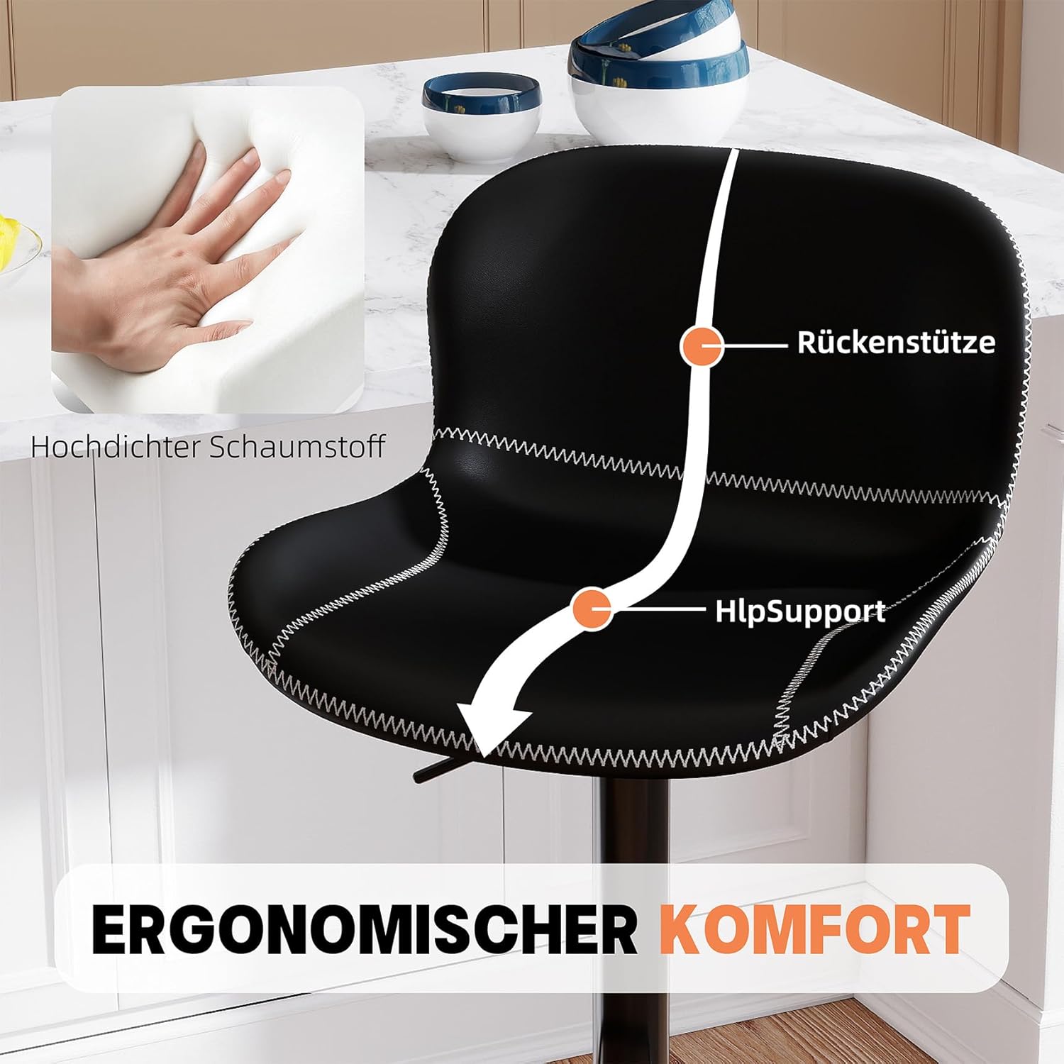 Youhauchair Barhocker 2er Set, Barhocker Höhenverstellbar aus Kunstleder, wasserdicht und verschleißfest, Barhocker mit Lehne, Drehbarer bar Stool, modern, Schwarz