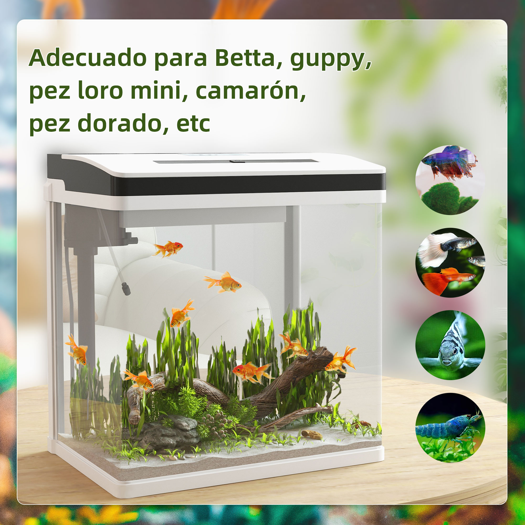 Aquário de vidro PawHut de 28 litros, pequeno, com sistema de filtragem, iluminação LED e bomba de água, 38 x 26 x 39,5 cm, branco.