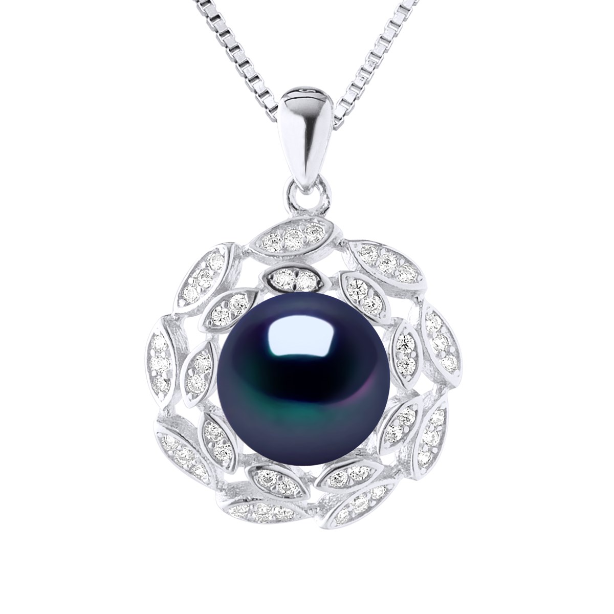 Collier SOLEIL Perle d'Eau Douce 9-10 mm Noire Argent 925