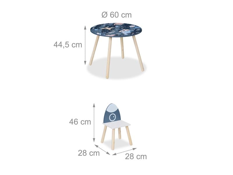 relaxdays Kindersitzgruppe Space Dunkelblau; Hellbraun; Wei 3-teilige Tischgruppe für das Kinderzimmer