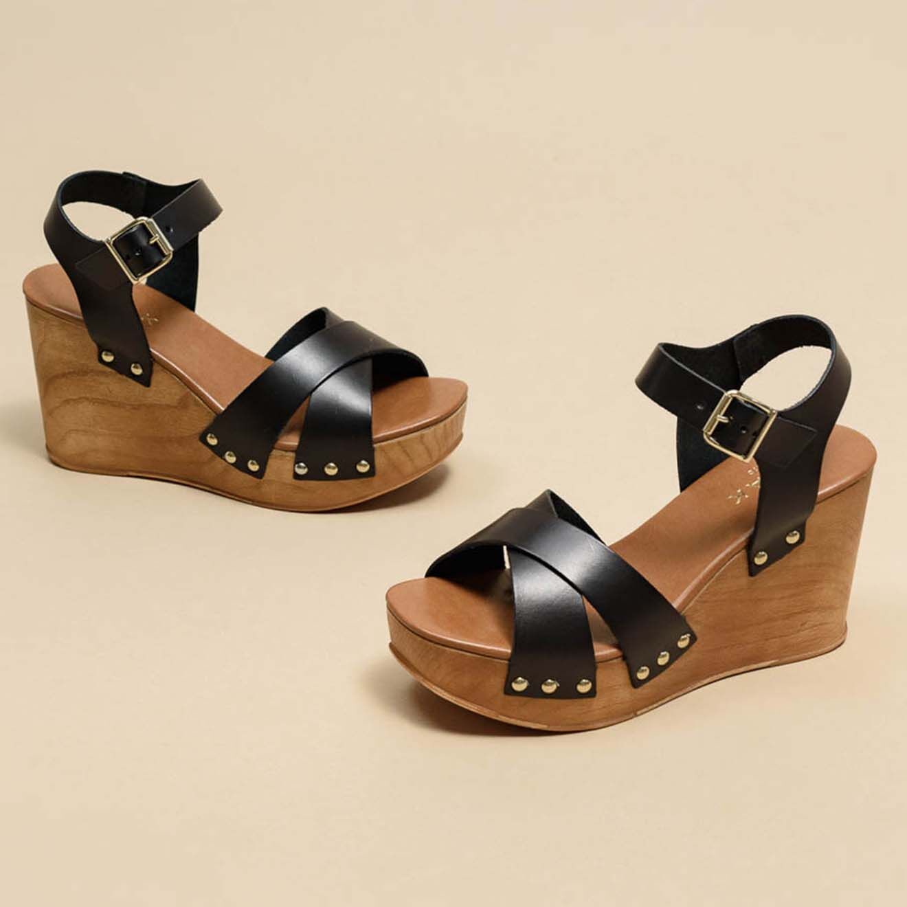 Jonak Sandales compensées en Cuir Etna noires - Talon 9 cm