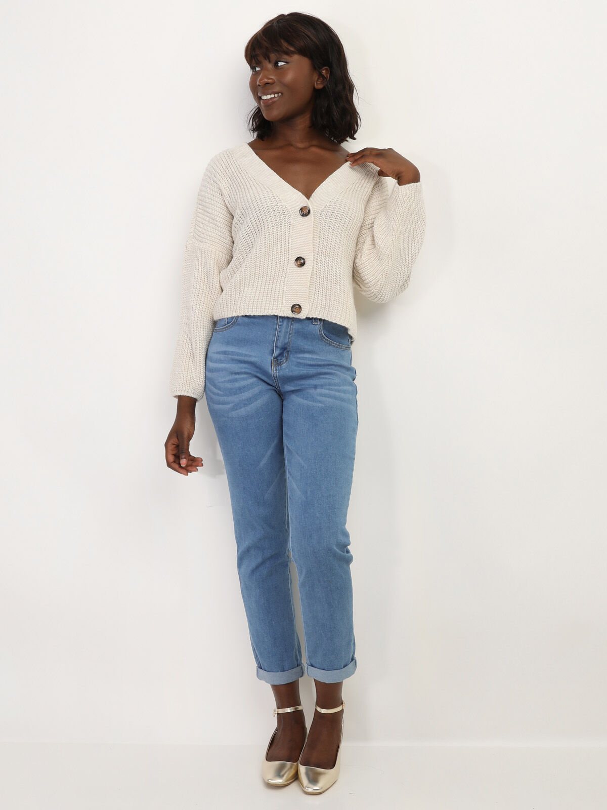 Gilet court en tricot- Beige