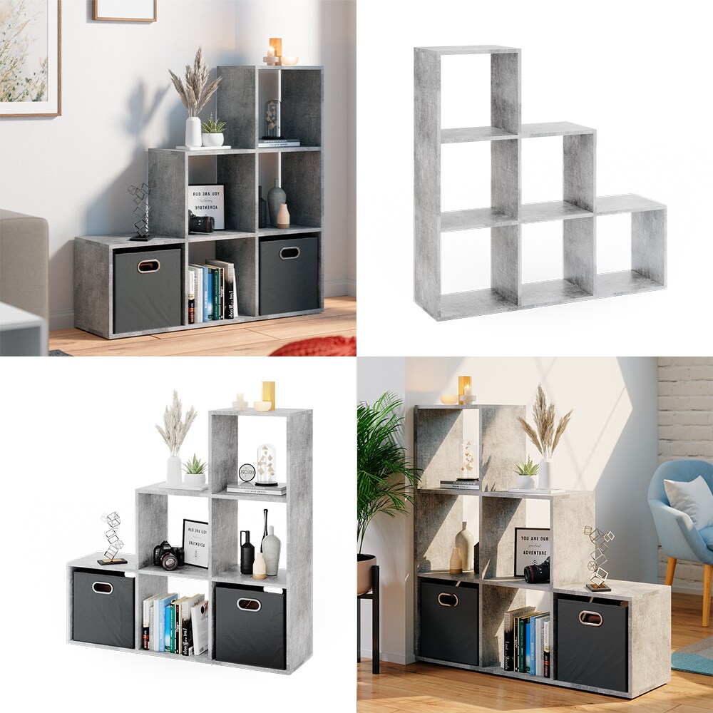VICCO Treppenregal 6 Fächer Grau Beton - Raumteiler Stufe Bücherregal Aktenregal