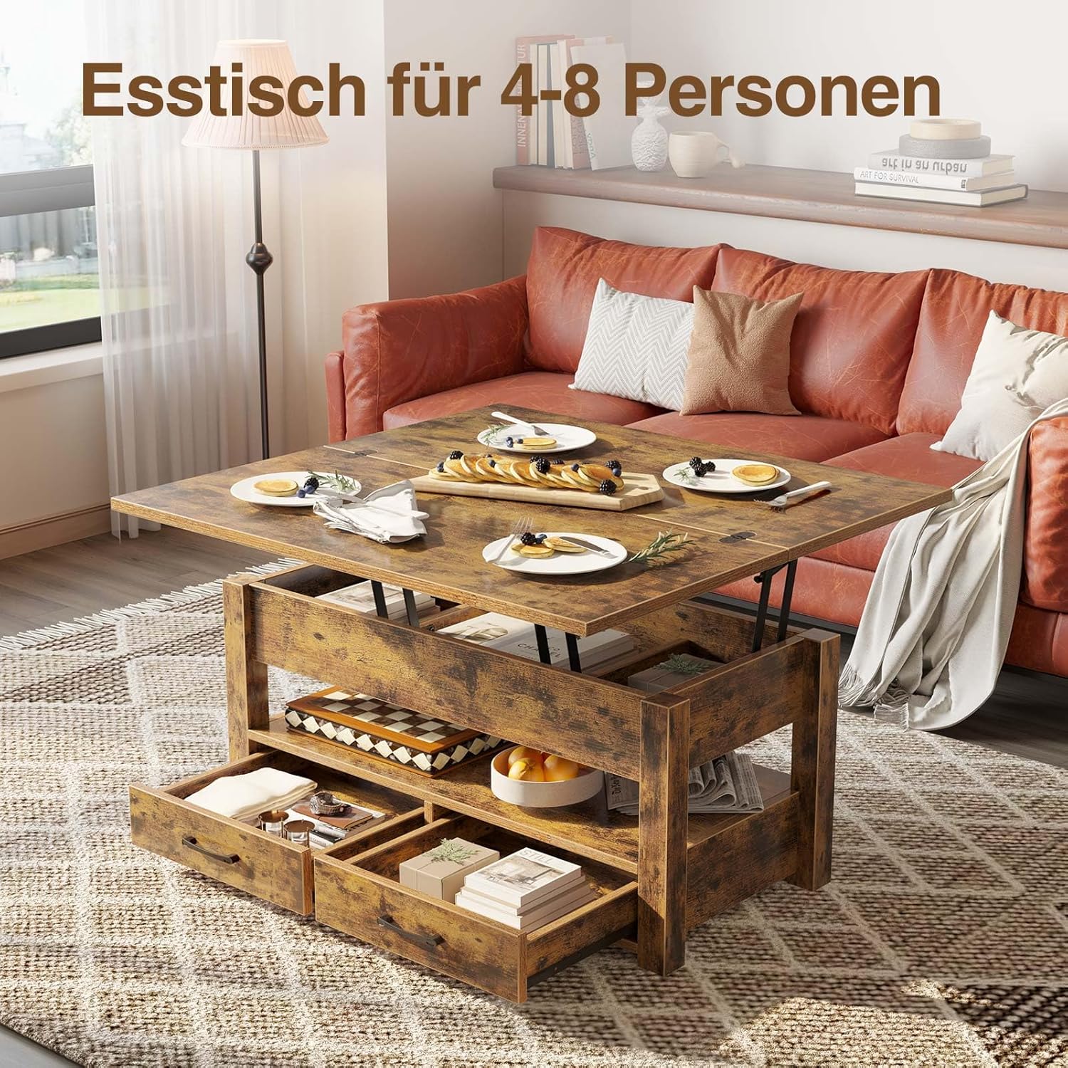 Rolanstar Couchtisch Höhenverstellbar, Wohnzimmertisch mit Schublade & verstecktem Fach, Kaffeetisch umwandelbar in Esstisch, 100 x 50 cm Sofatisch aus Holz