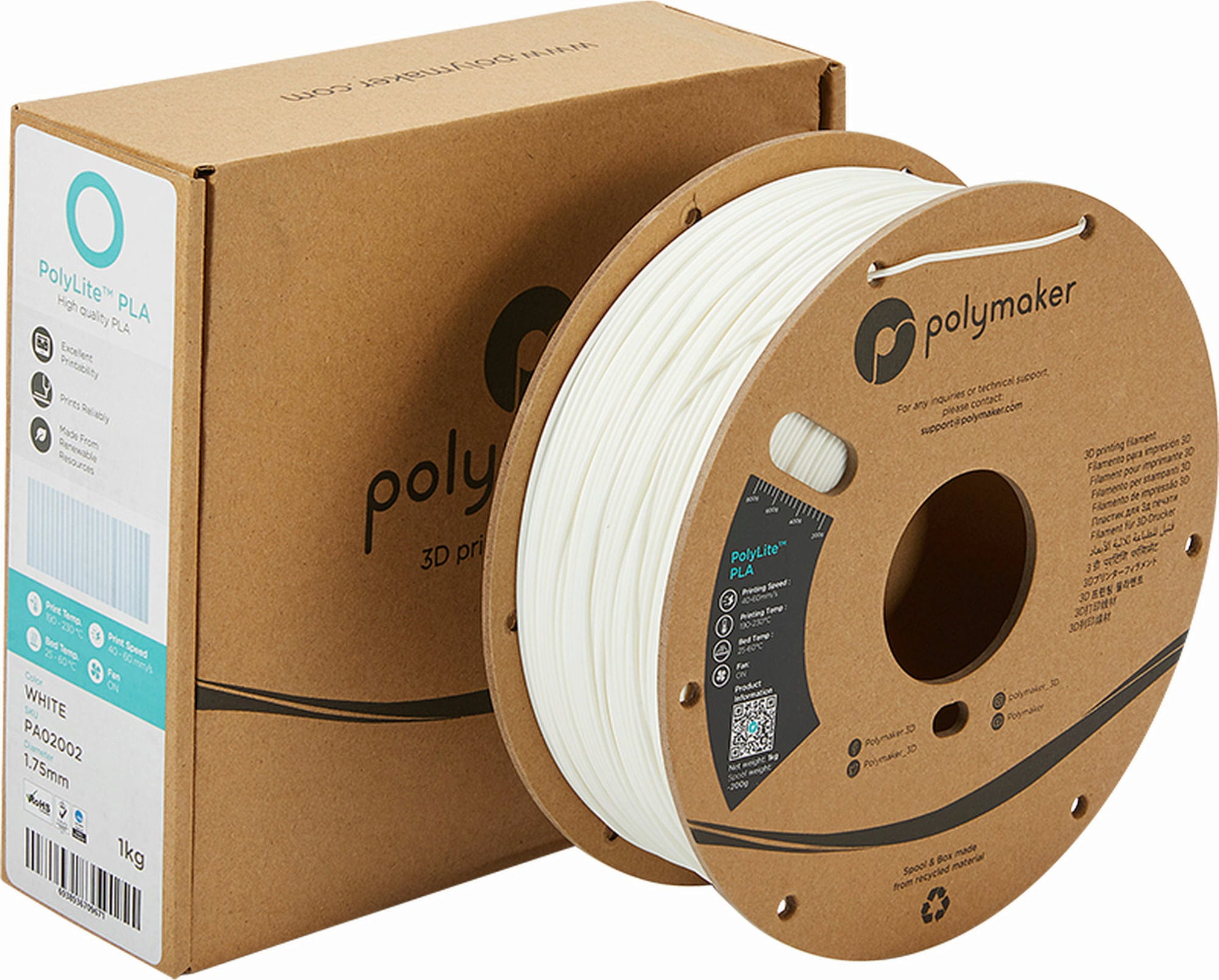 Polymaker  PolyLite PLA Weiß, 1,75 mm / 1000 g    Hochwertiges günstiges PLA von Polymaker in Weiß