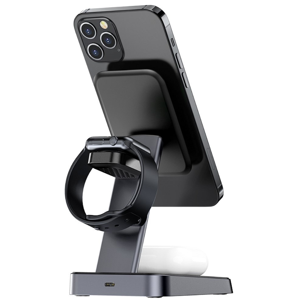 (15W) 3in1 MagSafe Qi Wireless Charger Ladestation für iPhone / Apple Watch / Airpods - Schwarz