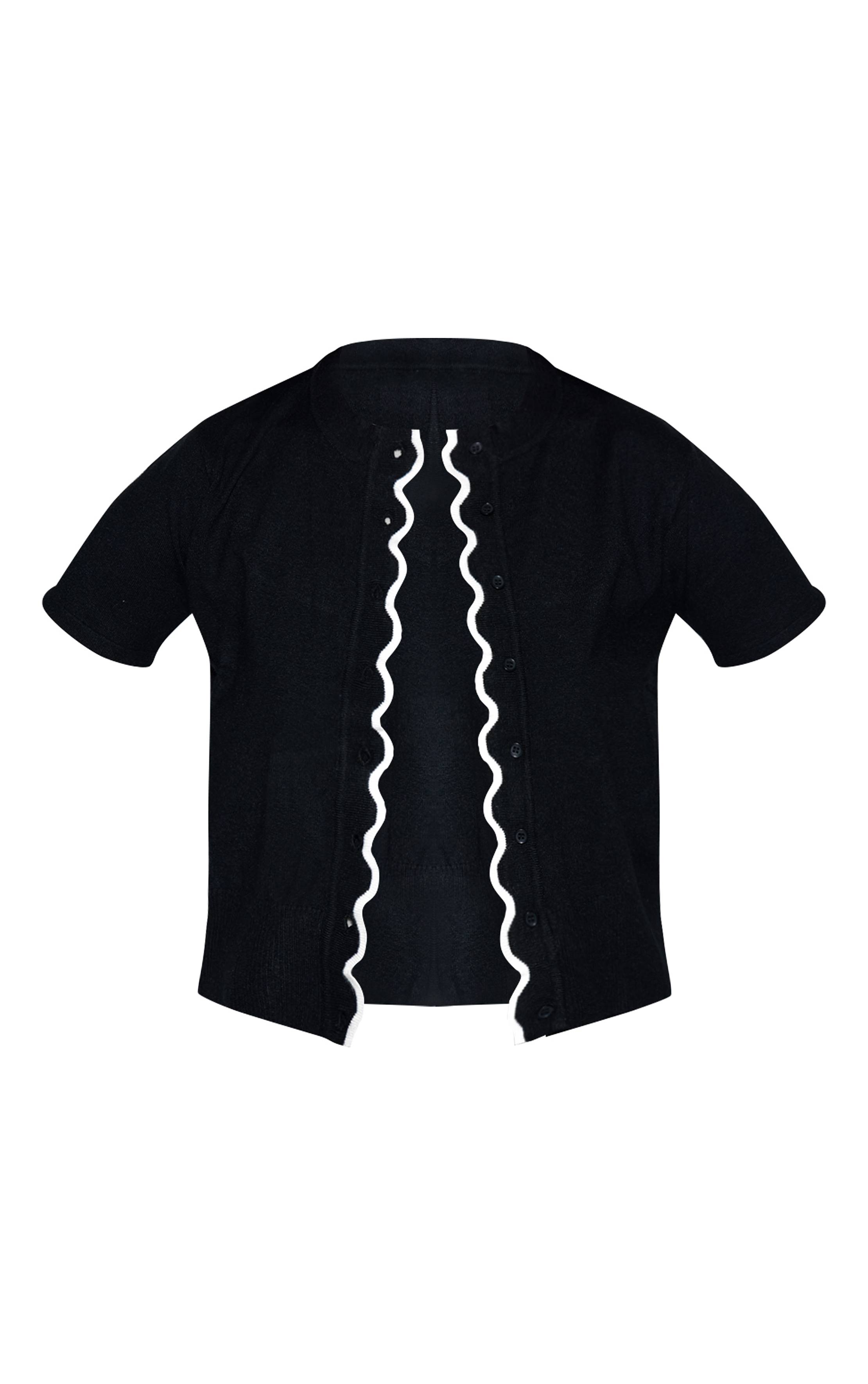 Noir Cardigan Ajusté En Maille Douce À Bordure Festonnée Contrastante