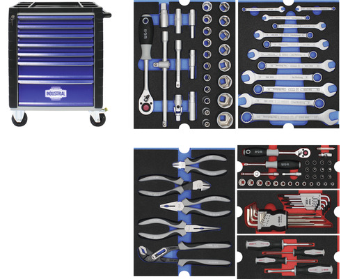Werkplaatswagen Industrieel 712 x 943 x 466 mm 7 laden - incl. 6 gereedschapsmodules blauw 103-delige set