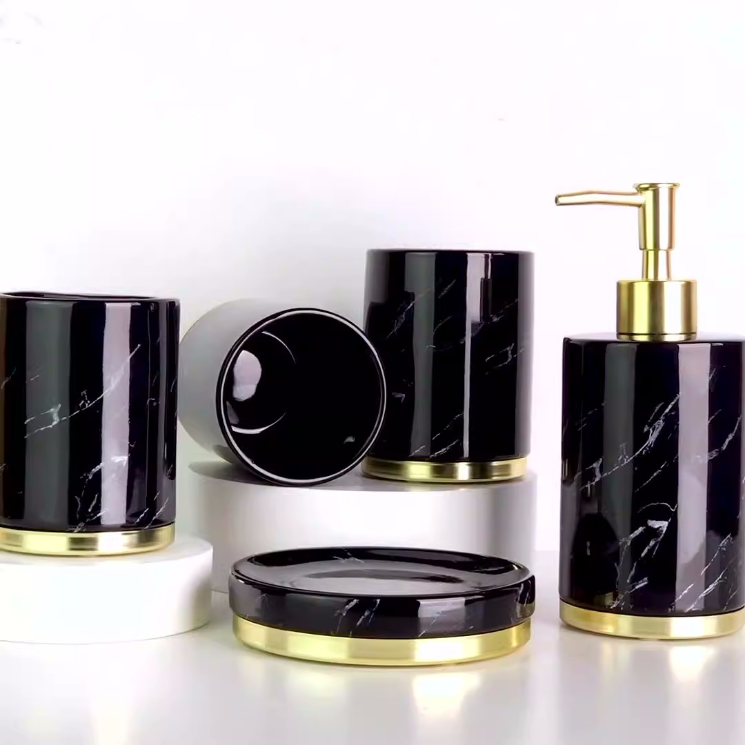 (5-tlg. Set) Keramik Badezimmer Accessoire Bad Essentials - Schwarz