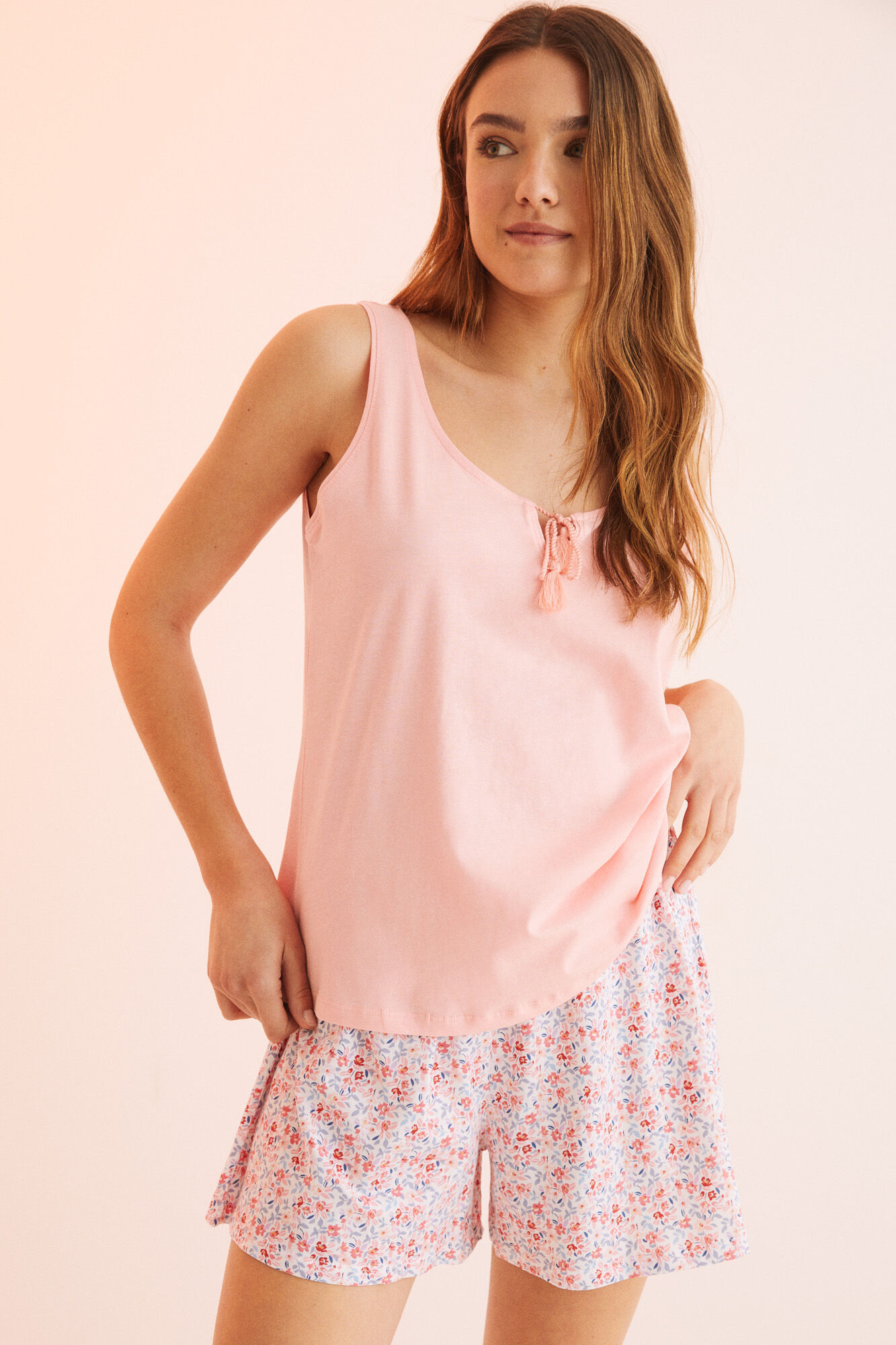 Pijama curto rosa com alças, 100% algodão - rosa