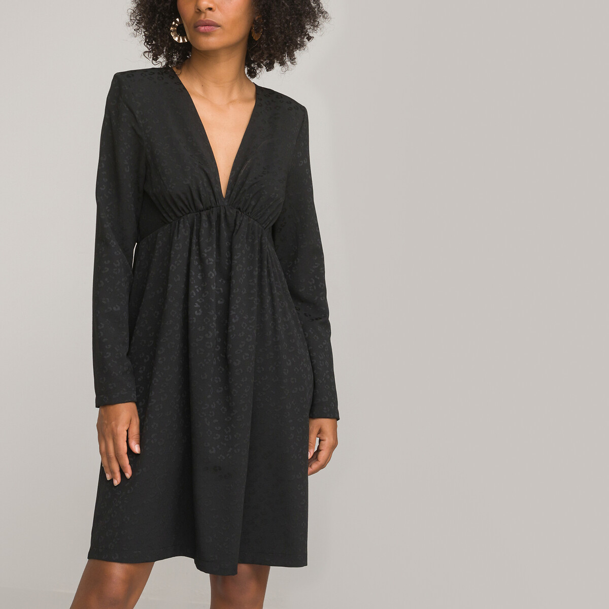 COLEÇÃO LA REDOUTE<br>Vestido curto com estampa de bandeira, decote em V e mangas compridas