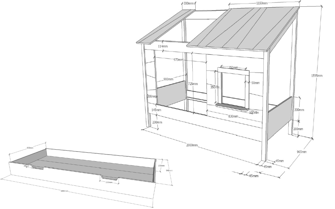 Baumhaus-Bett - weiß - teilmassiv - mit Bettschublade - 90x200 cm
