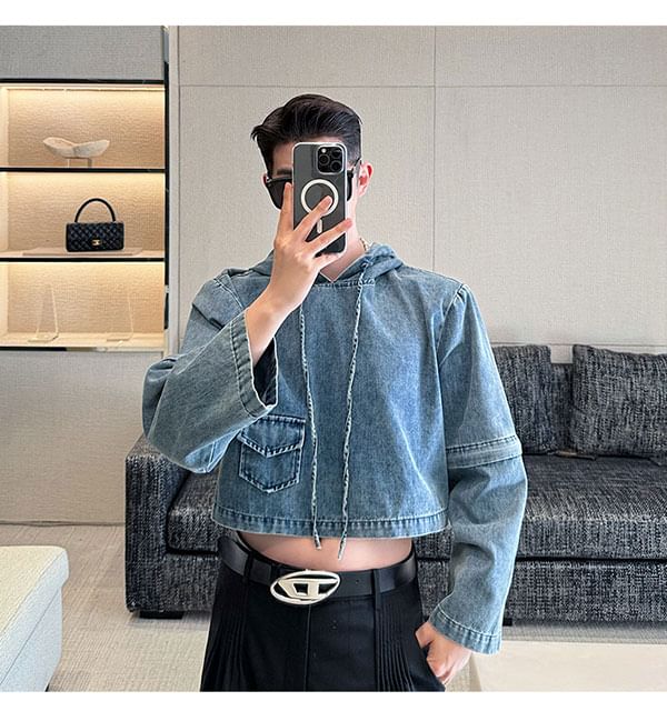 Freehop - Cropped hoodie van gewassen denim