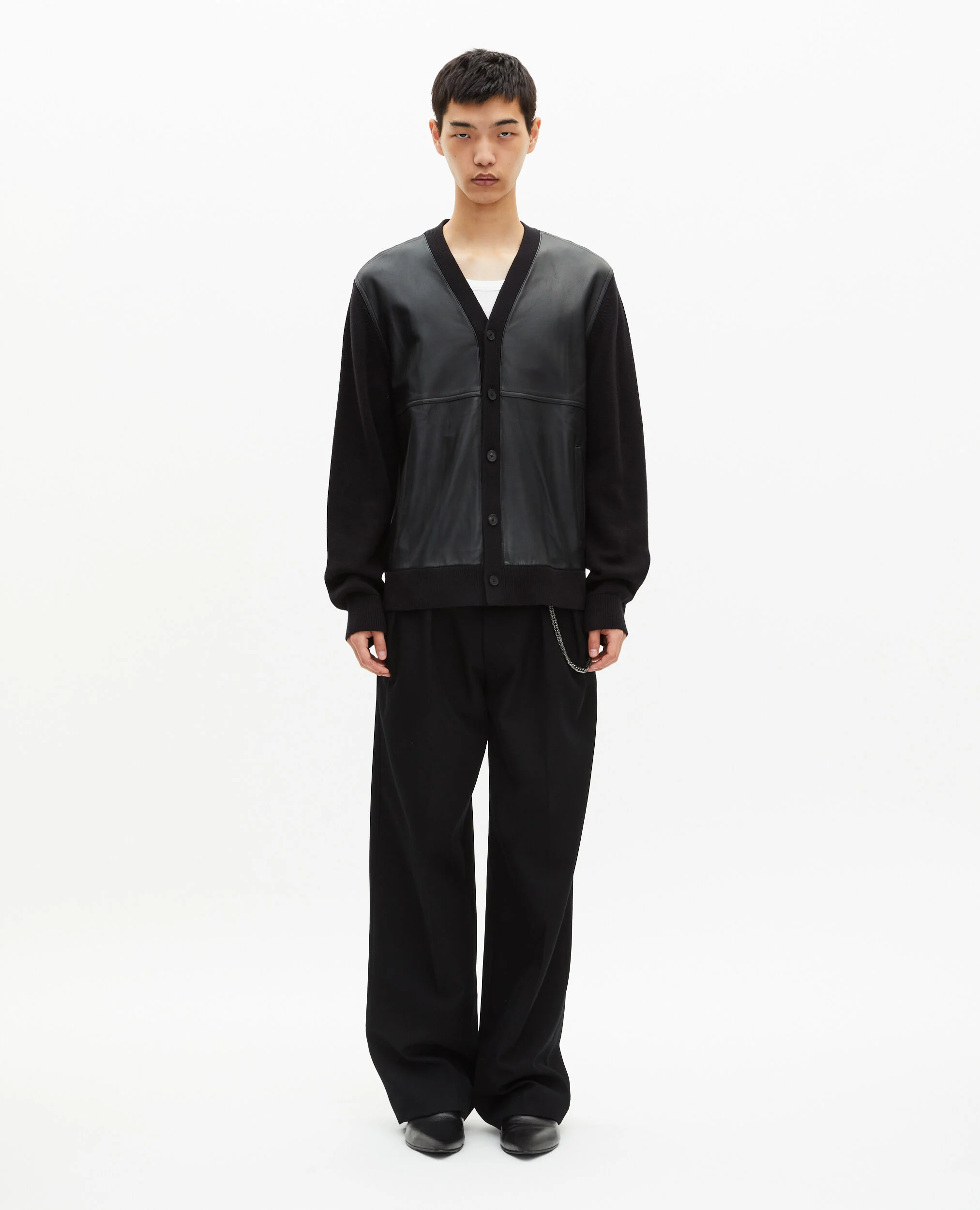 Cardigan boutonné bi-matière avec cuir noir