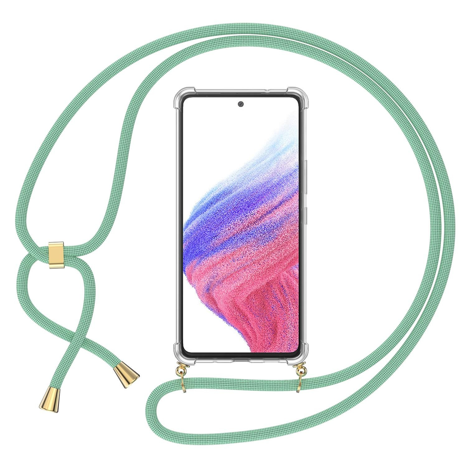 Samsung Galaxy A54 5G Necklace Gummi Hülle Air Cushion Fallschutz   Handykette (150cm) - Türkis / Gold