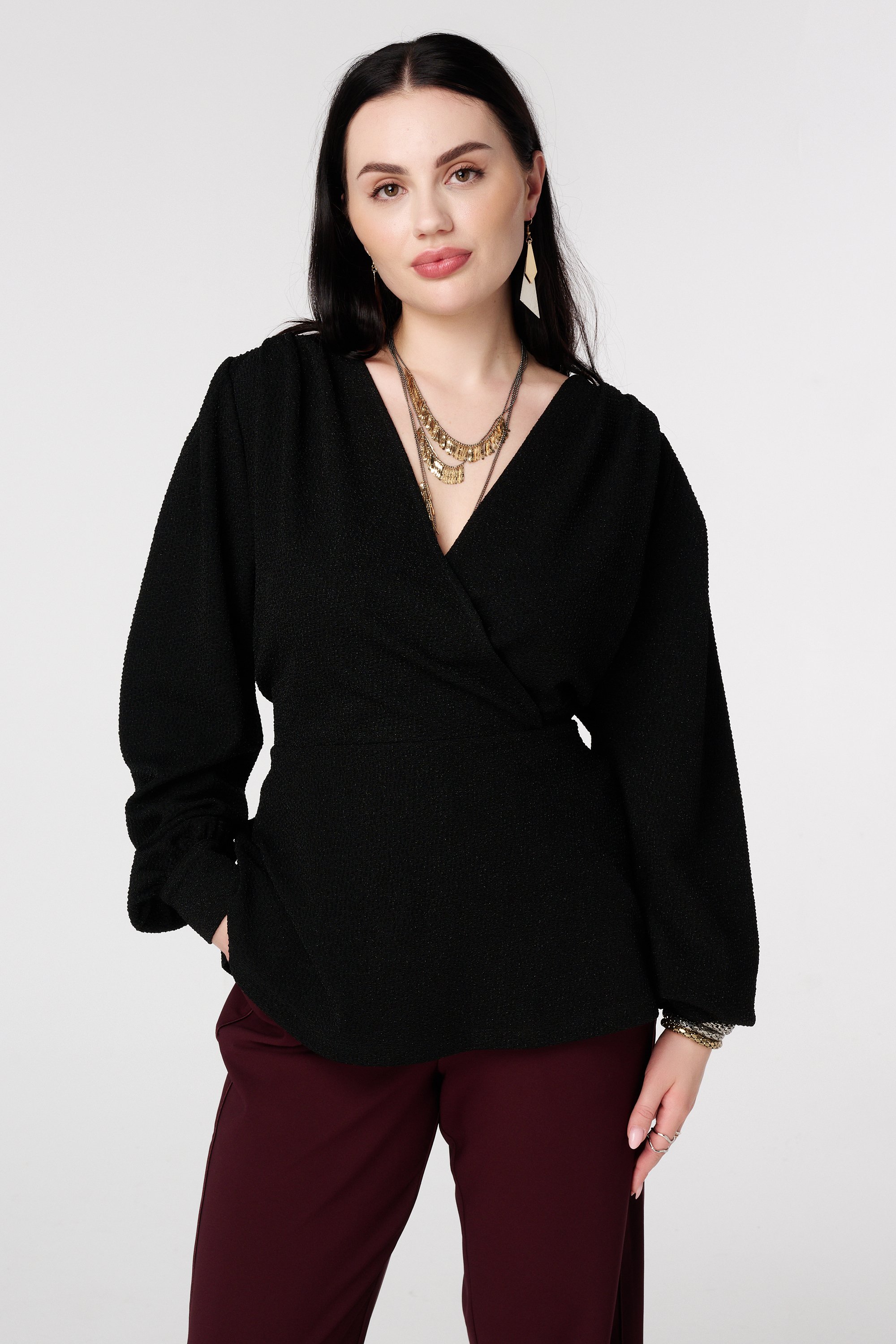 Glitter top met overslag look Zwart