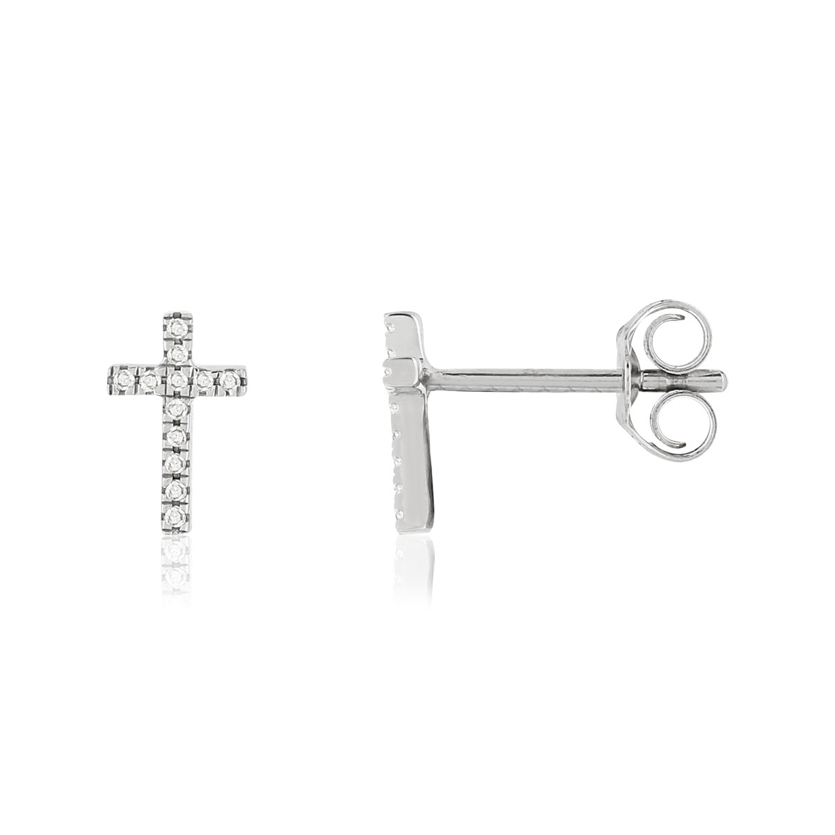 Boucles d'oreilles or blanc 375, motif croix, diamants.