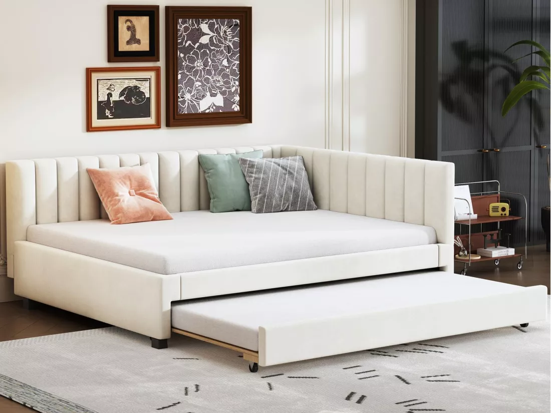 Lit banquette capitonné 140x200 cm - avec lit gigogne 90x190cm - tissu en velours - Beige