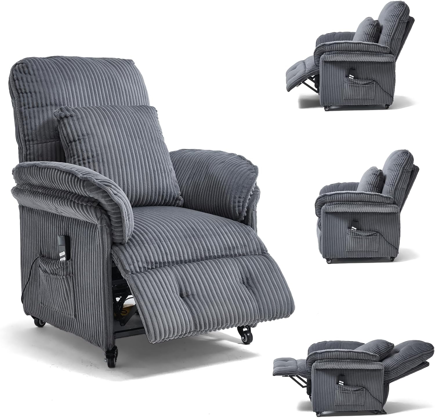 2 Motoren Elektrischer Relaxsessel, Fernsehsessel mit Liegefunktion, TV Sessel Wohnzimmer mit Rollen, Verstellbarer Rückenlehne & Fußstütze, 2 Seitentaschen, Cord Couch, Dunkelgrau