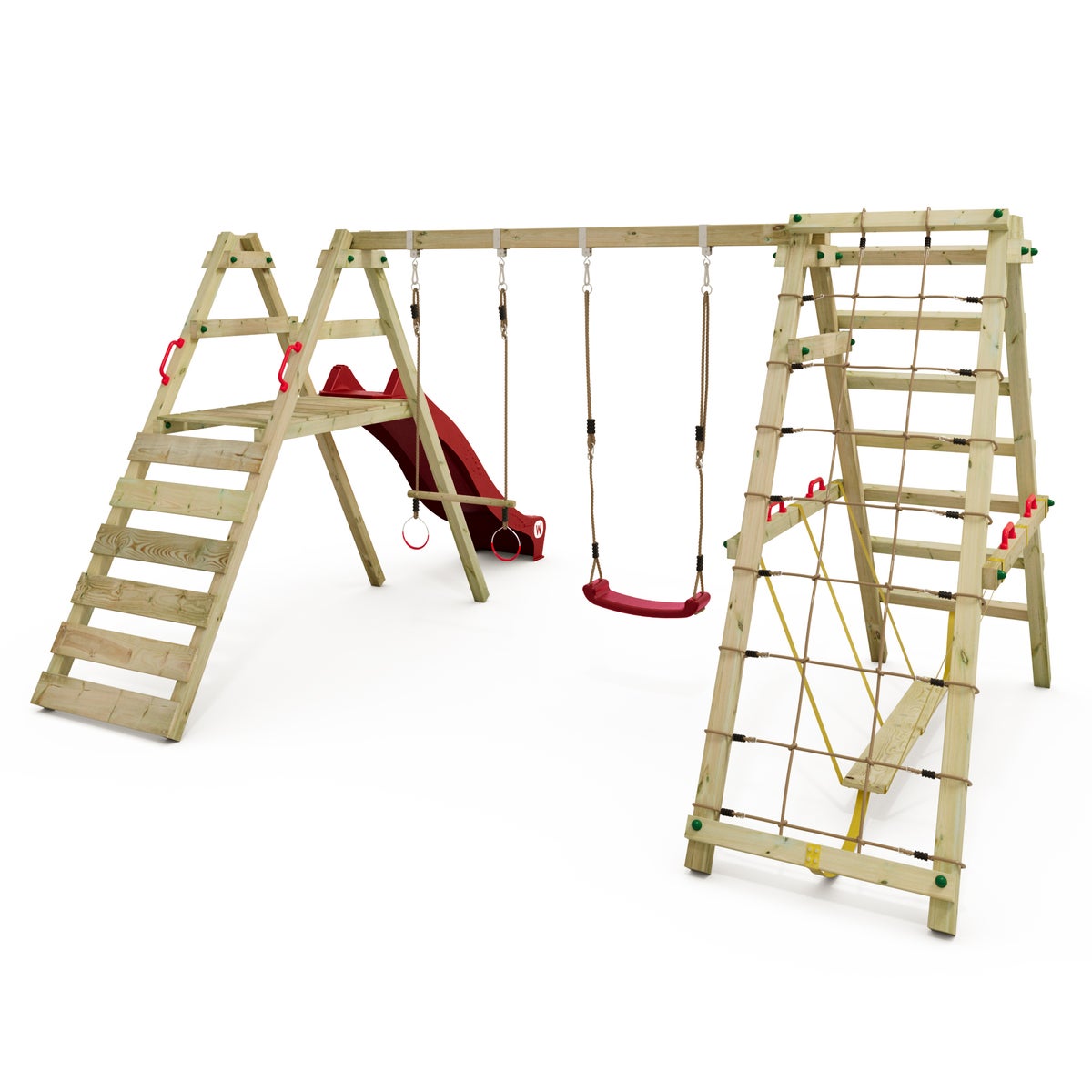 WICKEY Kinderschommelset Smart Shake met glijbaan en klimrek, schommel, schommelframe, dubbele schommel, houten schommel - Rood