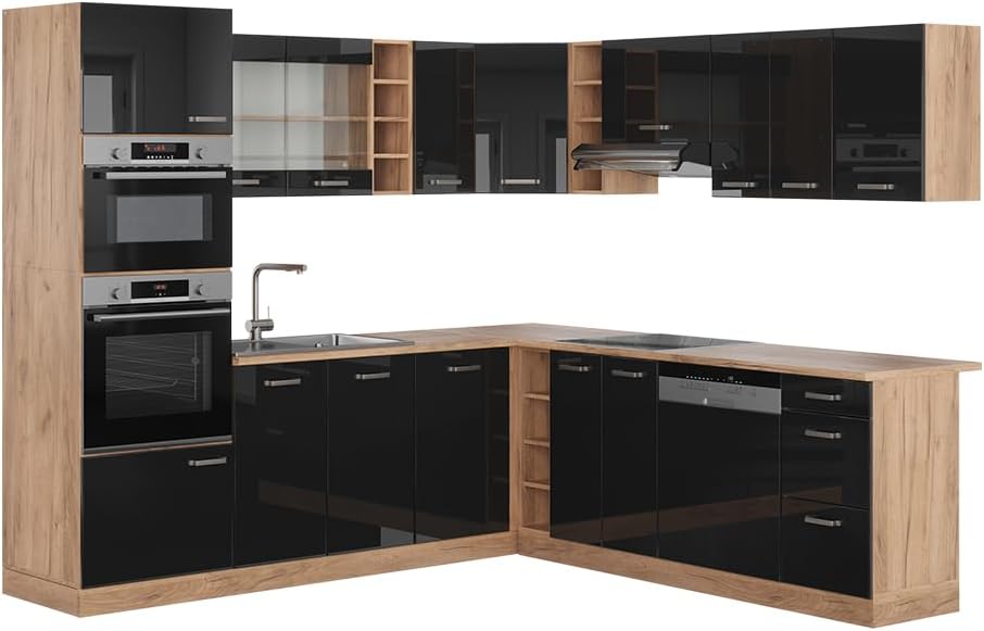Vicco Eckküche R-Line, Schwarz Hochglanz/Goldkraft Eiche, 237 x 247 cm ohne Arbeitsplatte