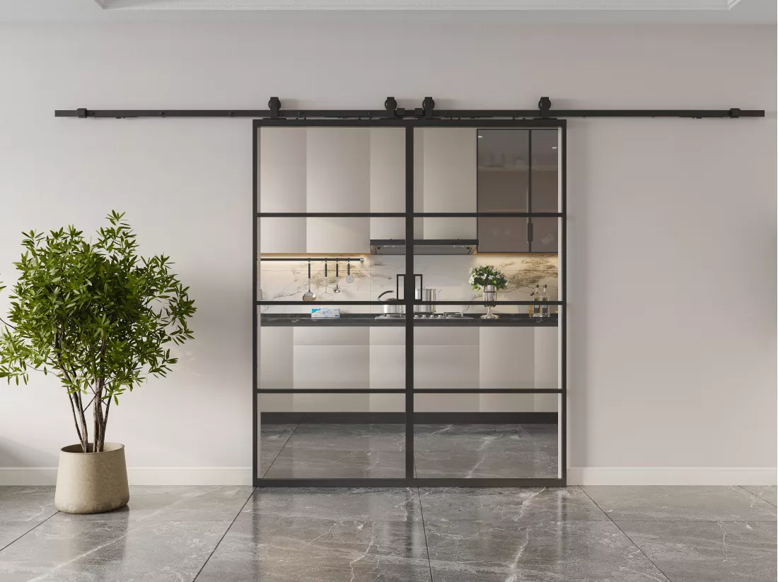 Porte coulissante double avec système en applique - aluminium et verre trempé transparent - 2 x H205 x L83 cm - SINCA II