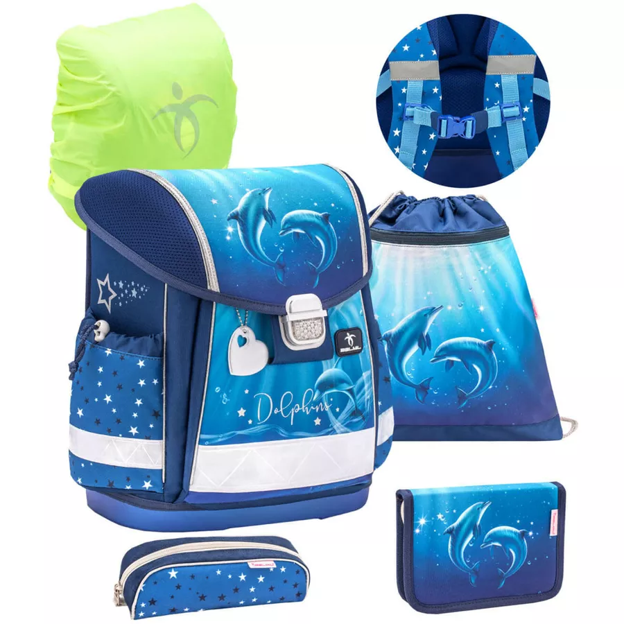 Belmil Schulranzen Classy Schulranzen Set 5-teilig mit Brustgurt Dolphins