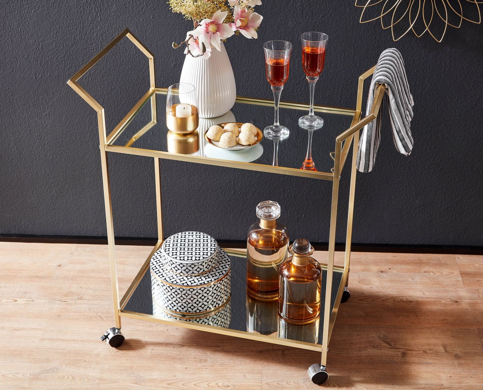 Servierwagen - gold - Glasablagen - 78 cm hoch