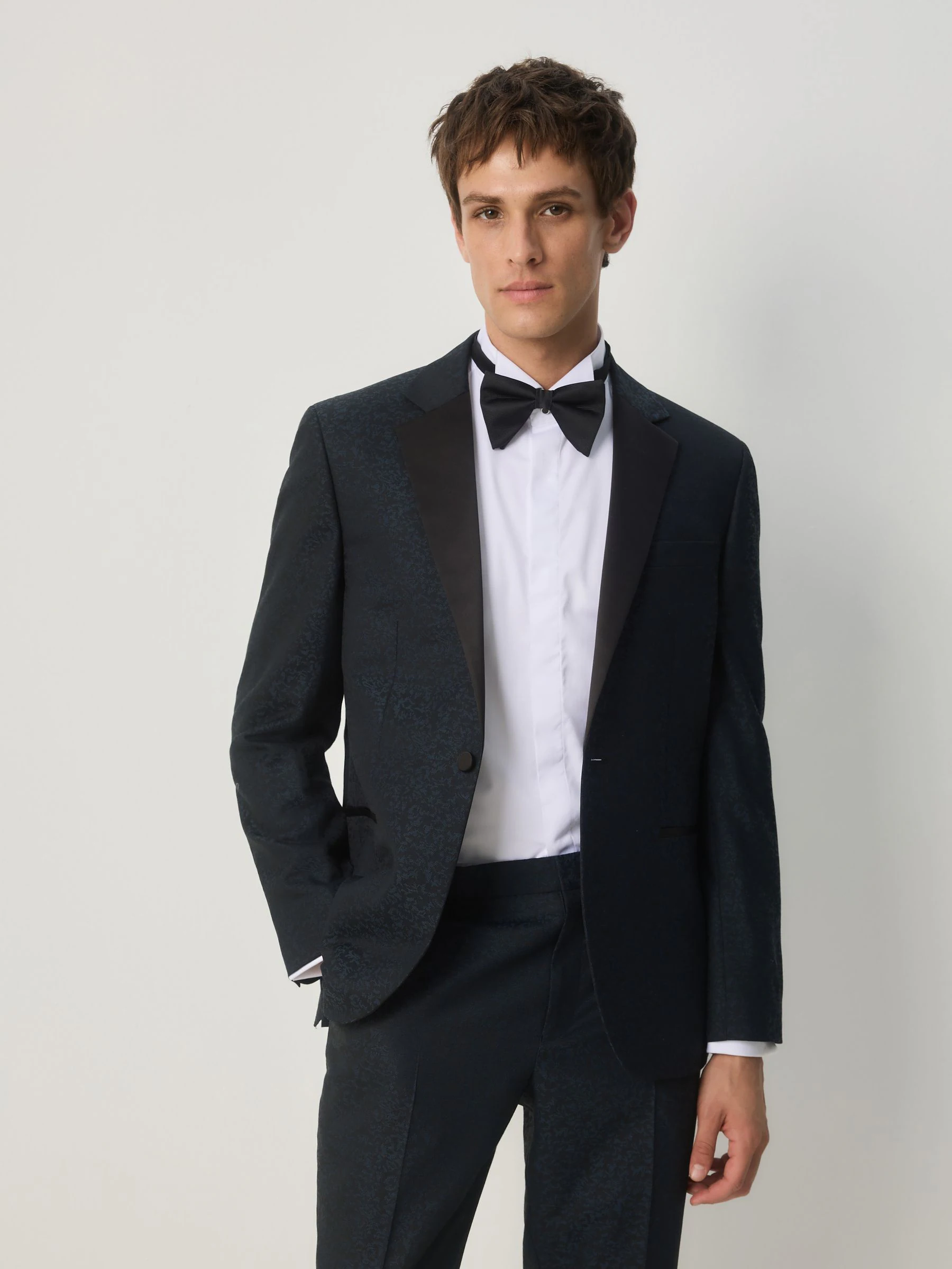 Donkerblauw - Slim Fit Jacquard Pattern Tuxedo Suit Jacket