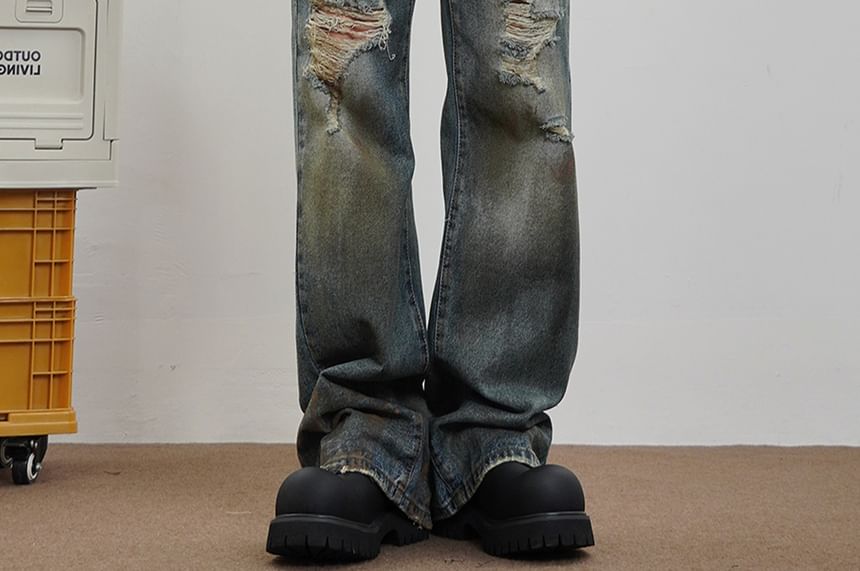 Zentrus - Mid Rise Washed Distressed Straight Leg Jeans / Effen Cropped Straight Leg Dress Pants