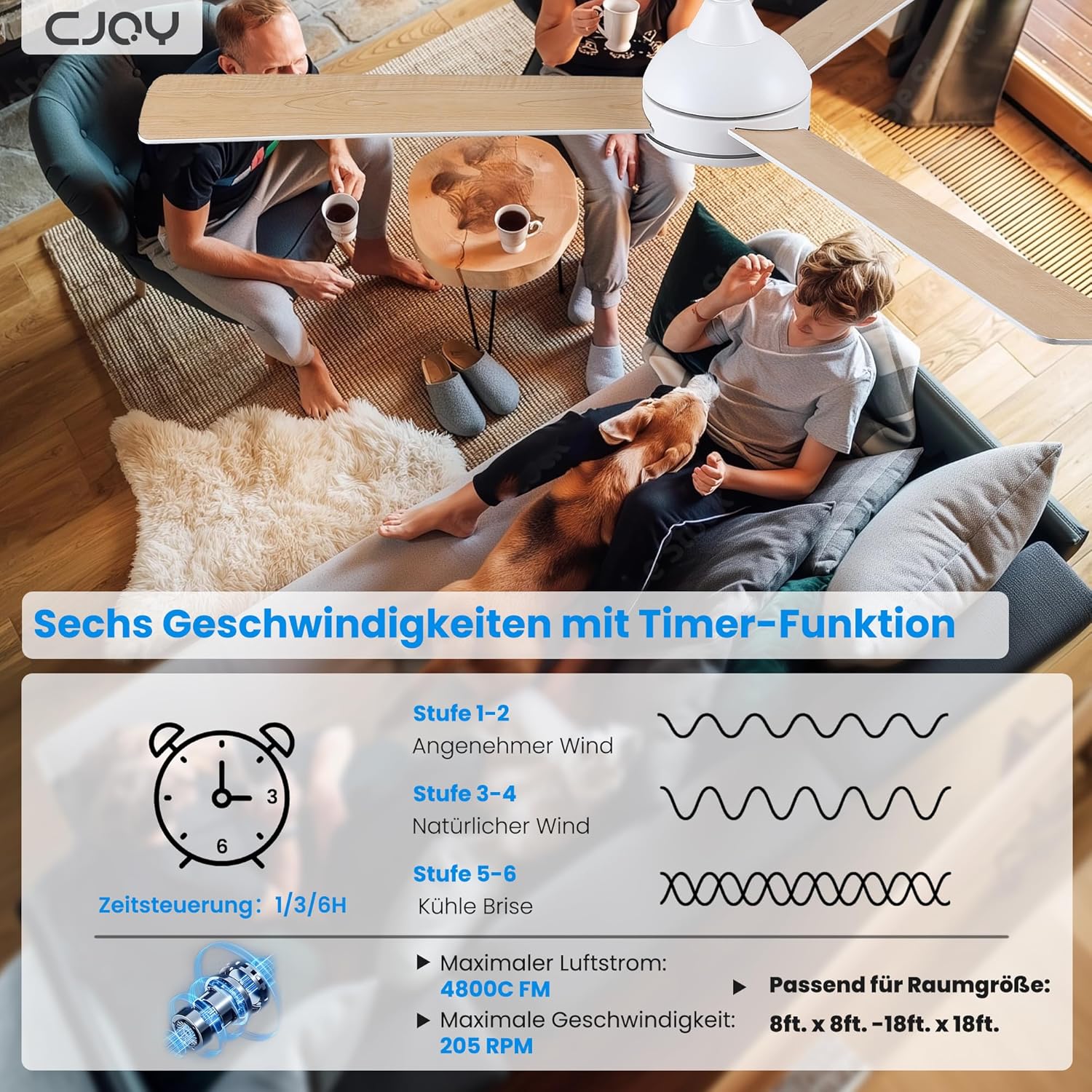 CJOY Deckenventilator mit Fernbedienung,132cm Weiß/Holz Deckenventilator mit Beleuchtung Leise Umschaltbar, Dimmbar, Speicher 3CCT, Ruhemodus, Timer, Deckenventilatoren für Schlafzimmer, Wohnzimmer