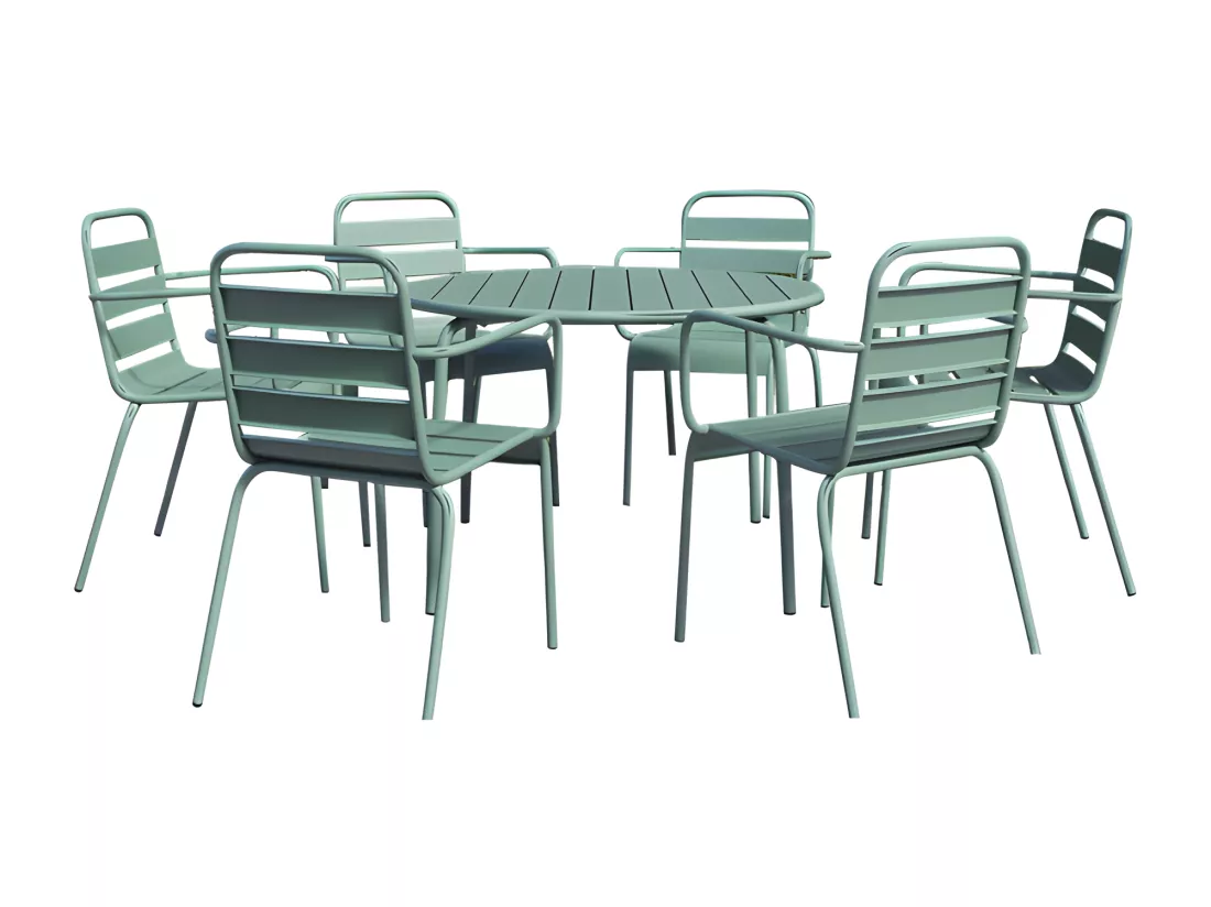 Salle à manger de jardin en métal - une table ronde D.130cm et 6 fauteuils empilables - Vert amande - MIRMANDE de MYLIA