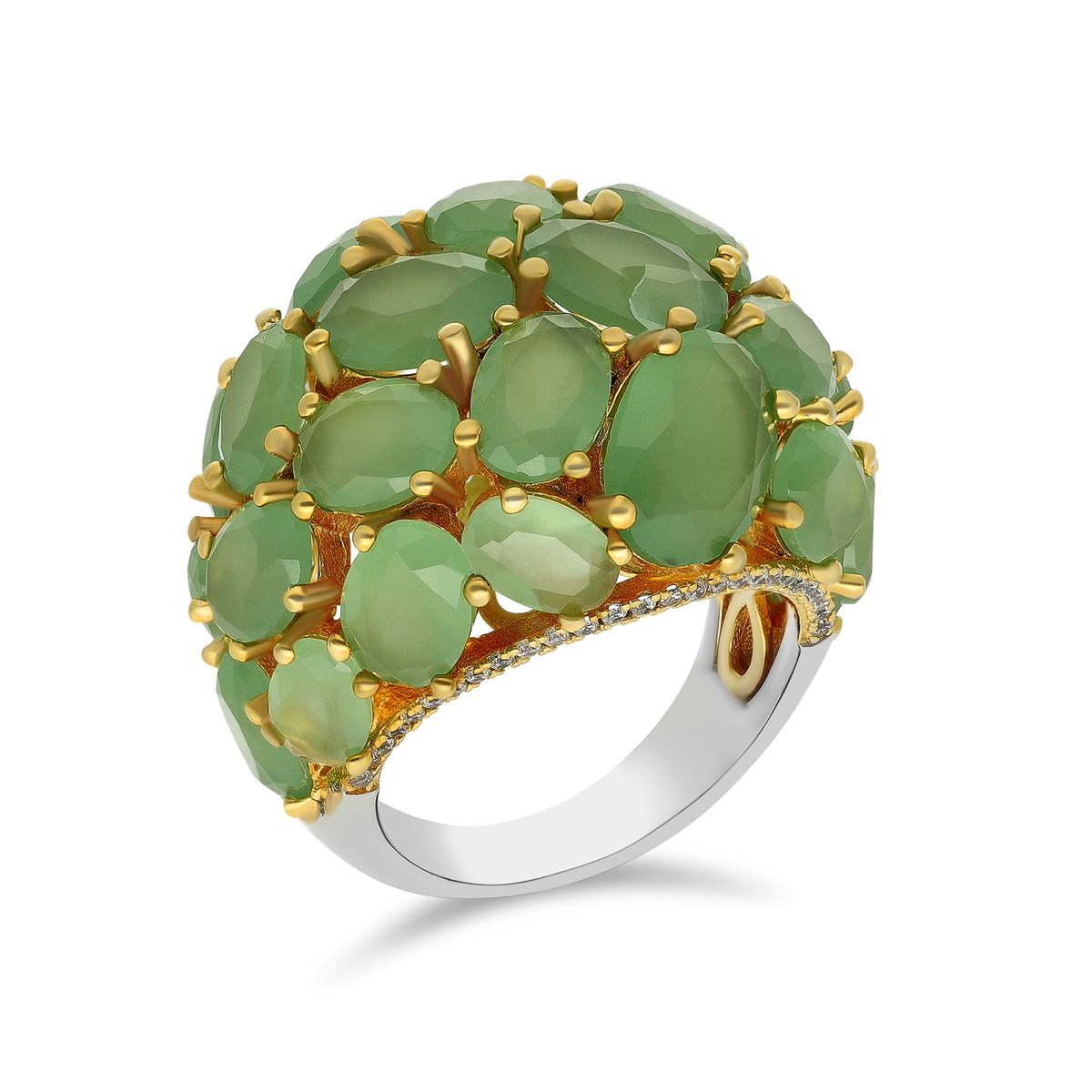 Bague Argent Doré Cabochon Pierre Verte
