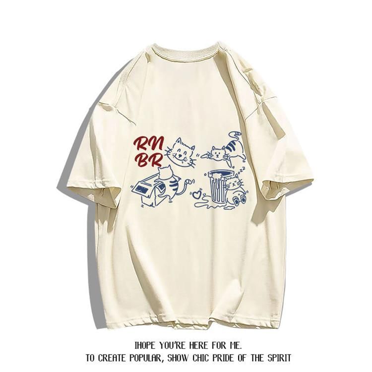 Bay Go Mall - T-shirt met ronde hals en kattenprint, met elleboogmouwen