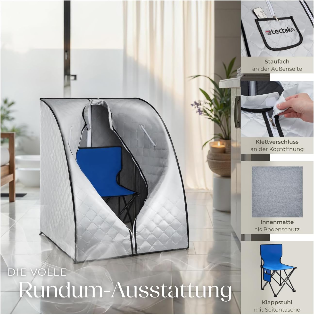 tectake® tragbare Dampfsauna für Zuhause mit 15 Temperaturmodi und Timer, Sauna Zelt für Zuhause, Zeltsauna mit Ofen/Dampfgenerator, Mini Sauna, Wellness für Zuhause, Heimsauna - Silbergrau