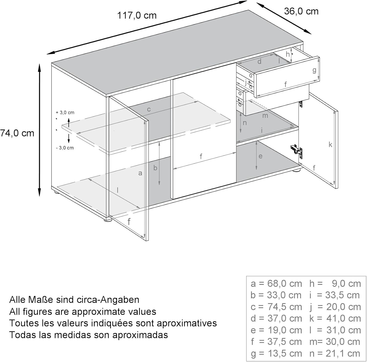 Vladon Sideboard Ben V3, Kommode mit 3 Türen und 2 Schubladen, Schwarz matt/Schwarz matt (117 x 74 x 36 cm)