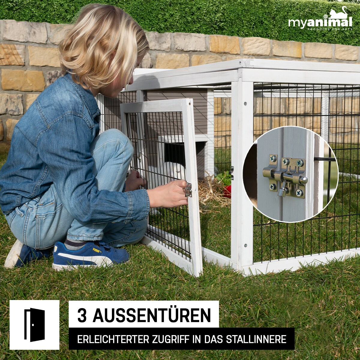 MyAnimal Hasenstall MH-08 Freilaufgehege, Kaninchenstall mit Haus, 3 Außentüren, verzinkter Draht
