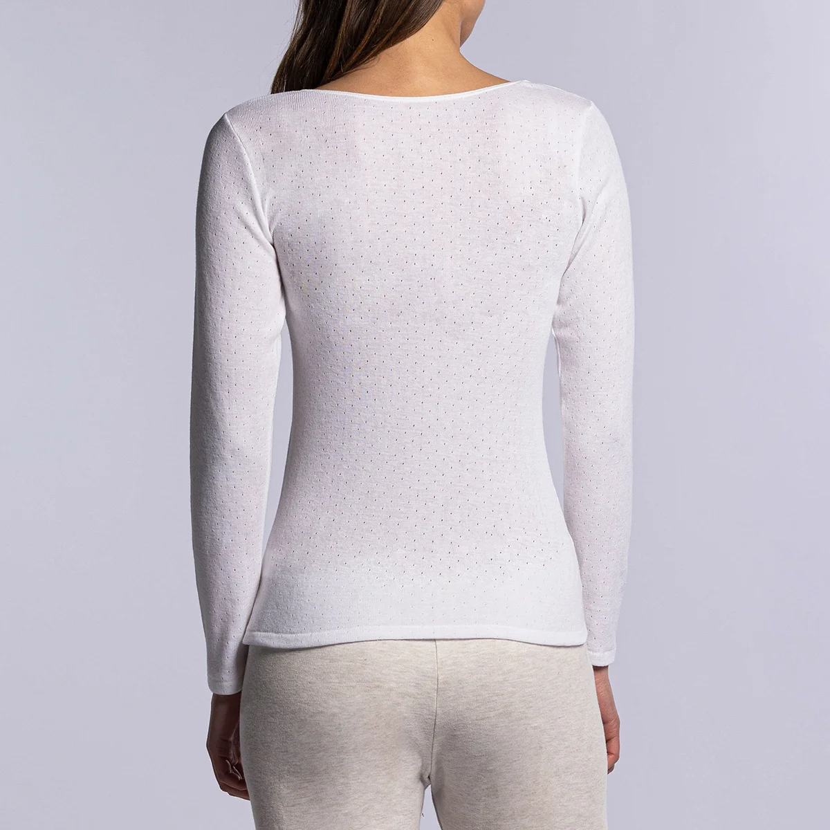 T-shirt manches longues thermique femme blanc pointelle