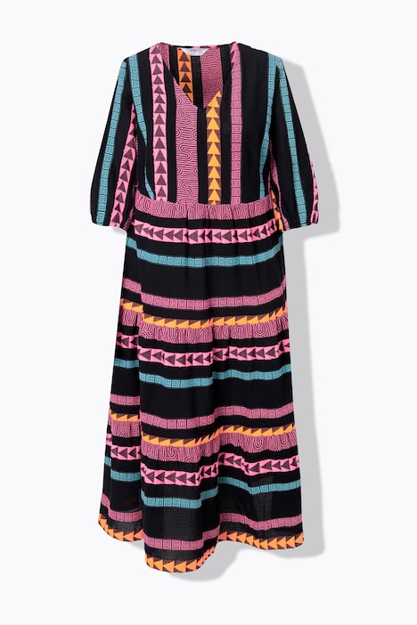 Maxikleid, A-Linie, Jacquard-Streifen, V-Ausschnitt, 3/4-Ärmel