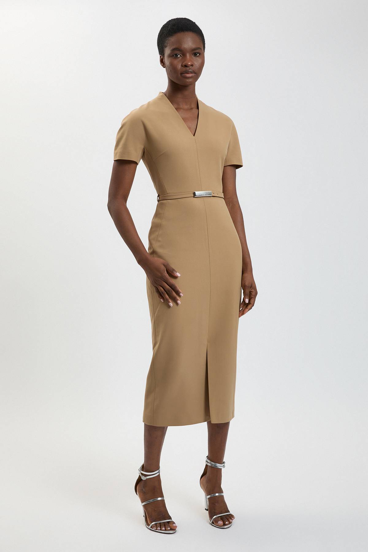 KarenMillen Robe Crayon Midi Cintrée Ajustée À Ceinture En Tissu Stretch Compact Petite